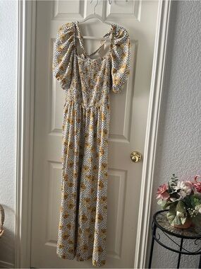 Sunflower-Print Puff-Sleeve Maxi Dress in White and Yellow